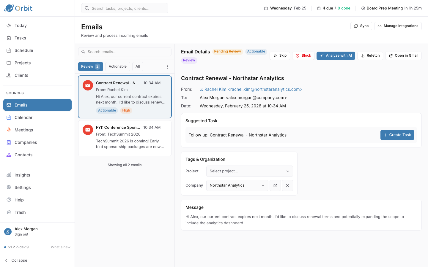 Email processing with AI analysis and meeting summaries