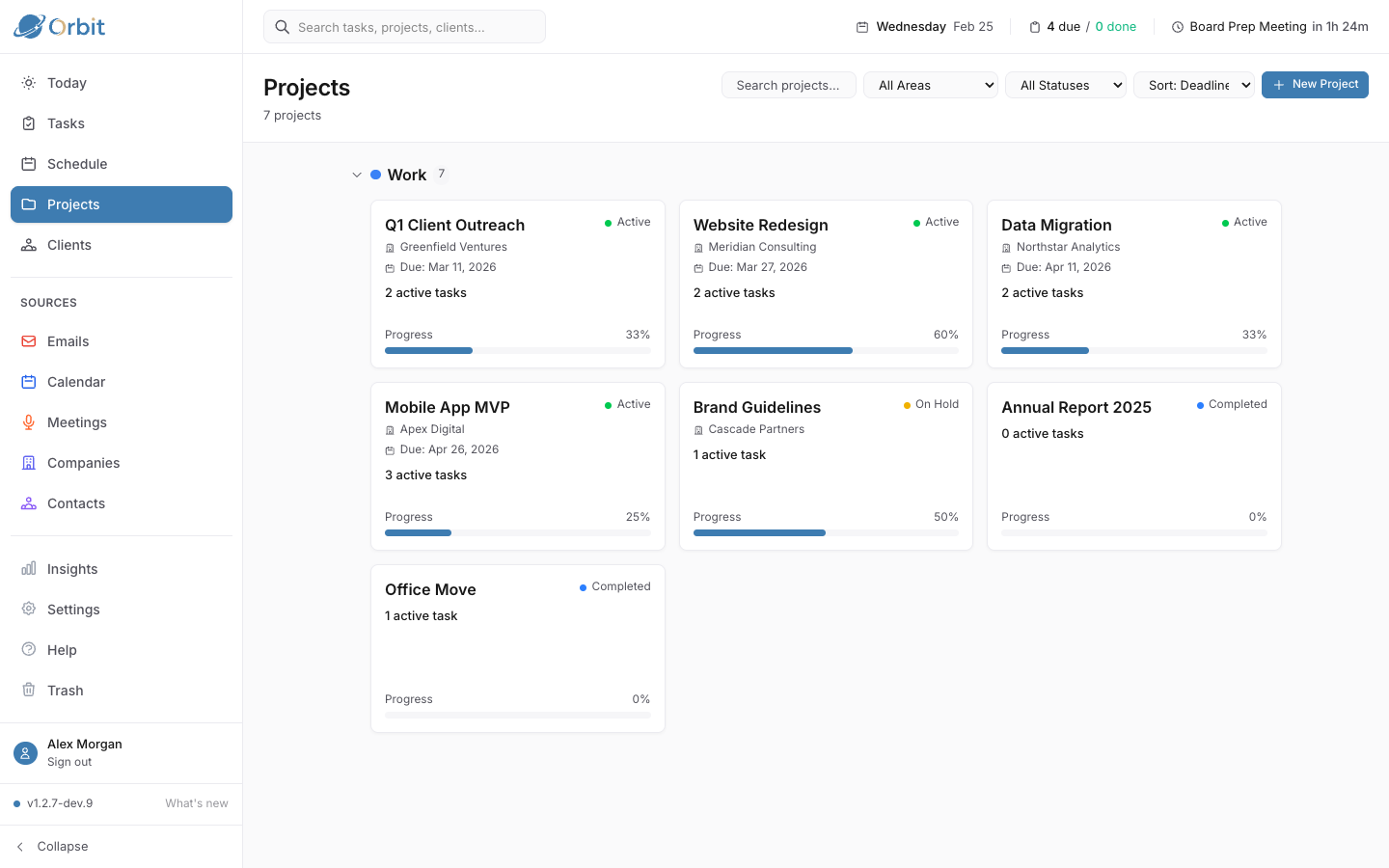 Projects page showing active projects with progress