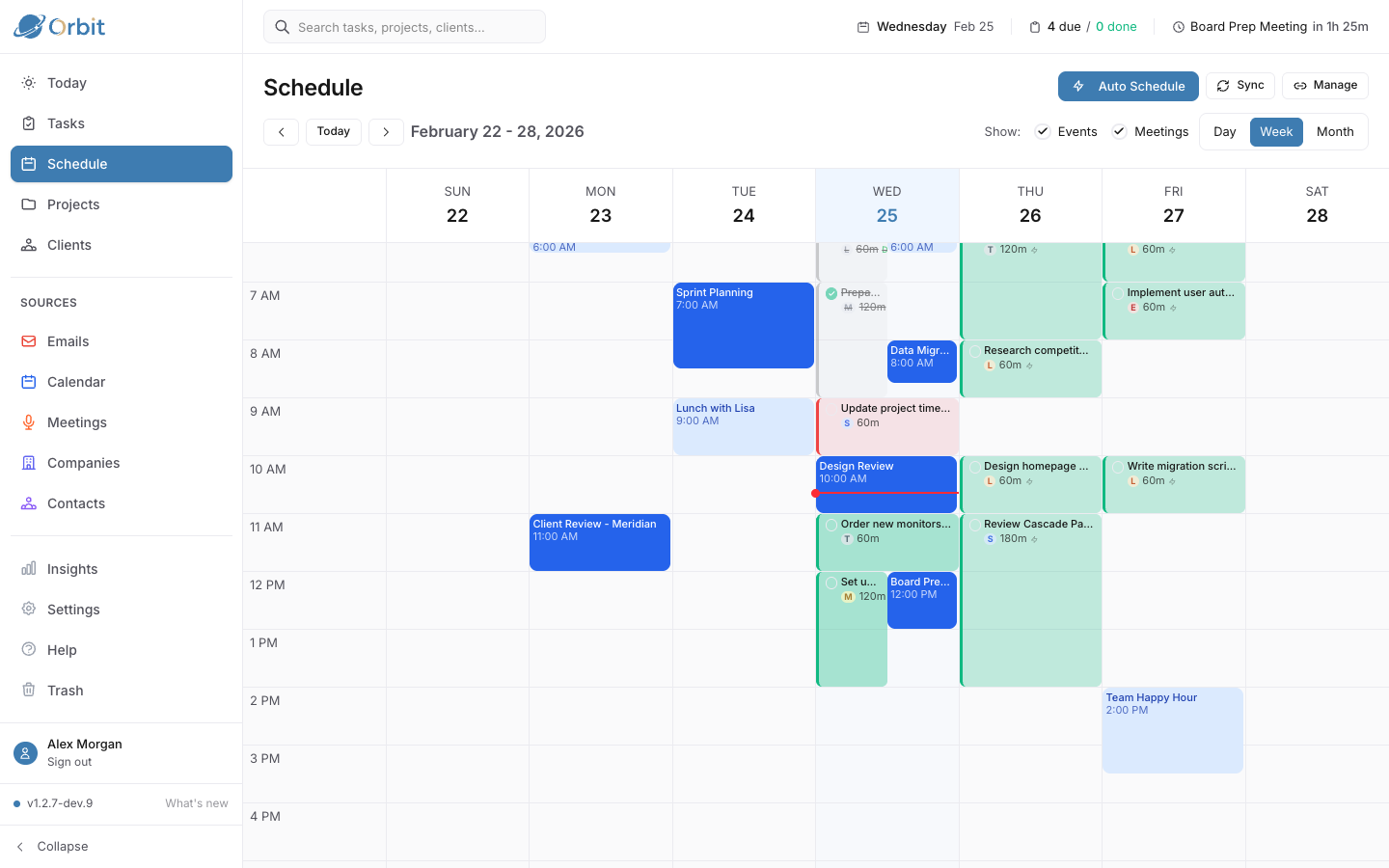 Weekly schedule with time blocks and calendar events